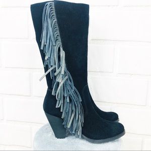 Reba Cowgirly Distressed Suede Fringe Mid Calf